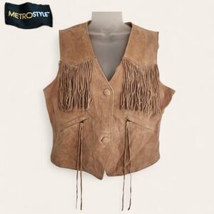 NWT Metrostyle Vintage Y2K Brown Suede Leather Fringe Vest 18 Boho Cowgirl